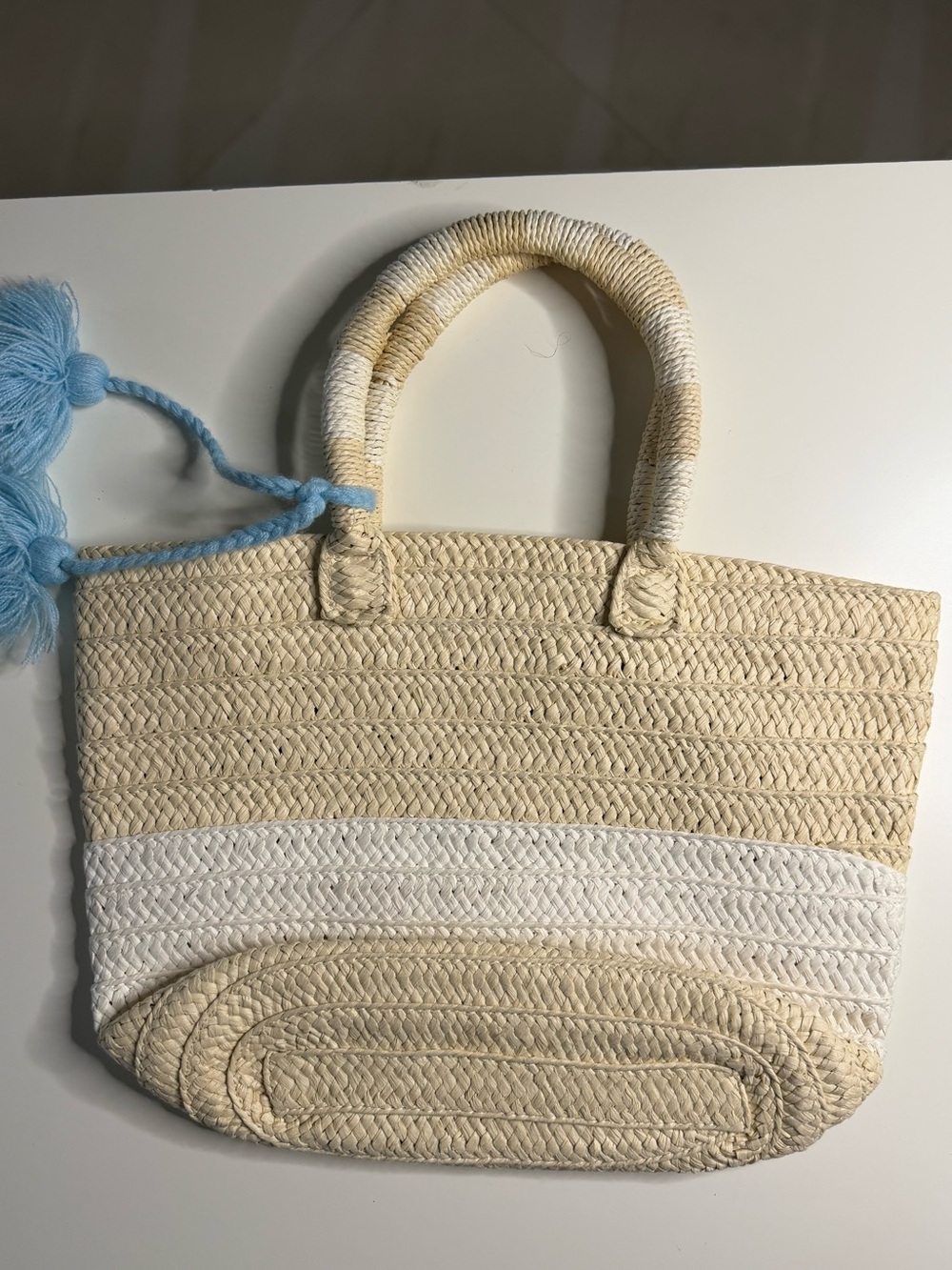 Altru Two-Tone Woven Tote in Natural and White with Light Blue Tassel